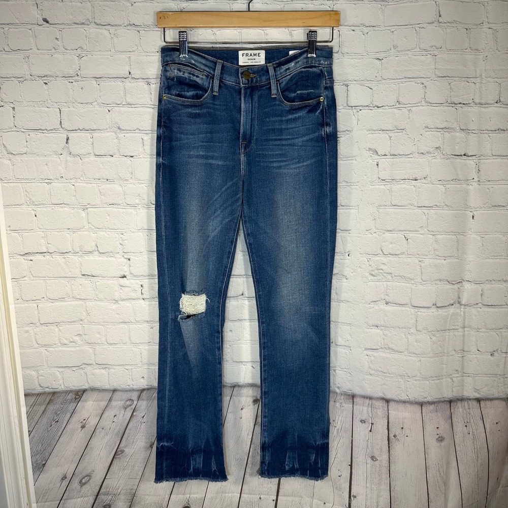Frame Denim Le High Straight Jeans Size 26 Medium Wash Distressed Raw Hem
